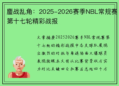 鏖战乱角：2025-2026赛季NBL常规赛第十七轮精彩战报